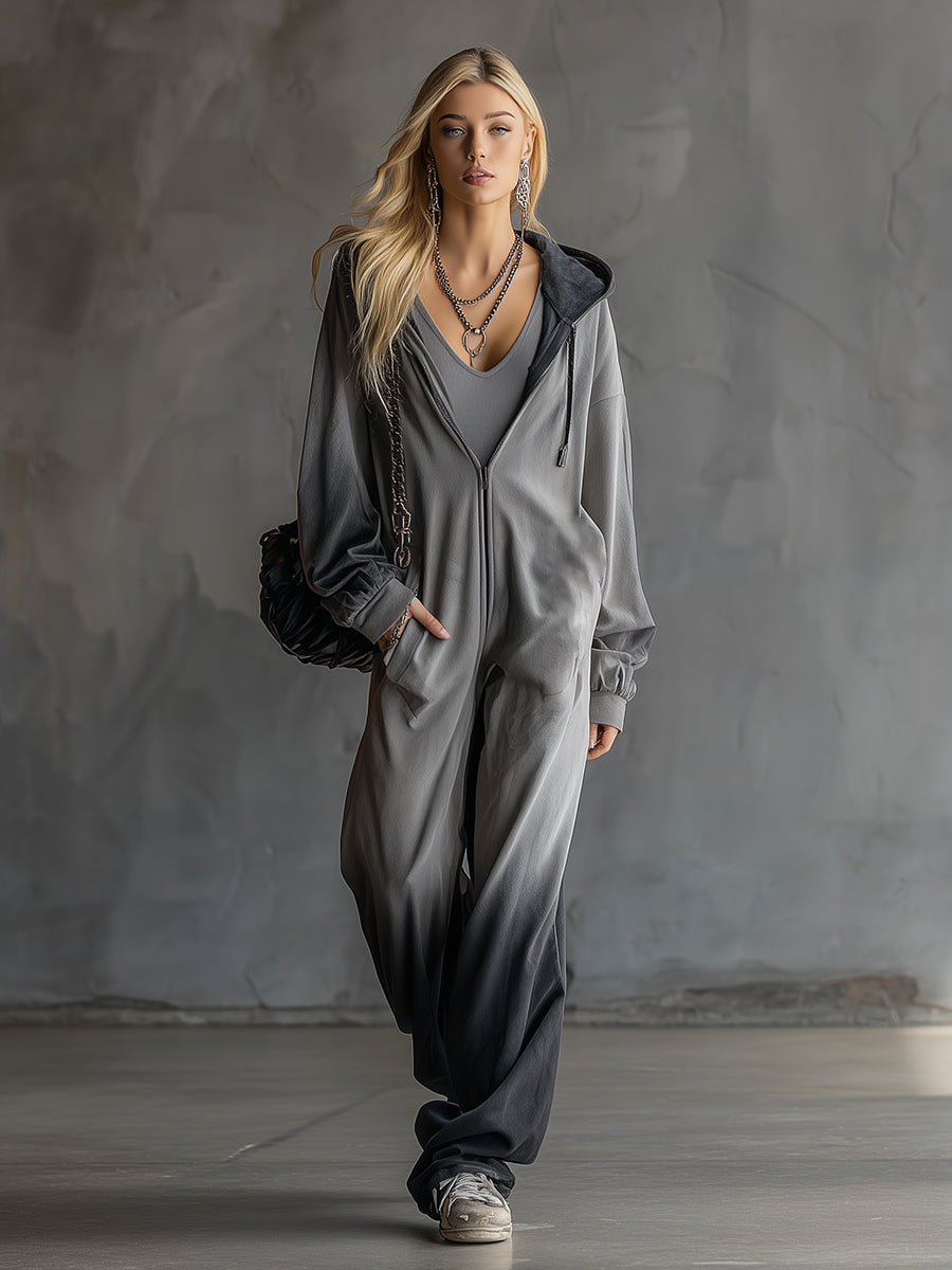 Trendy Sporty Grey Gradient Black Hooded Jumpsuit