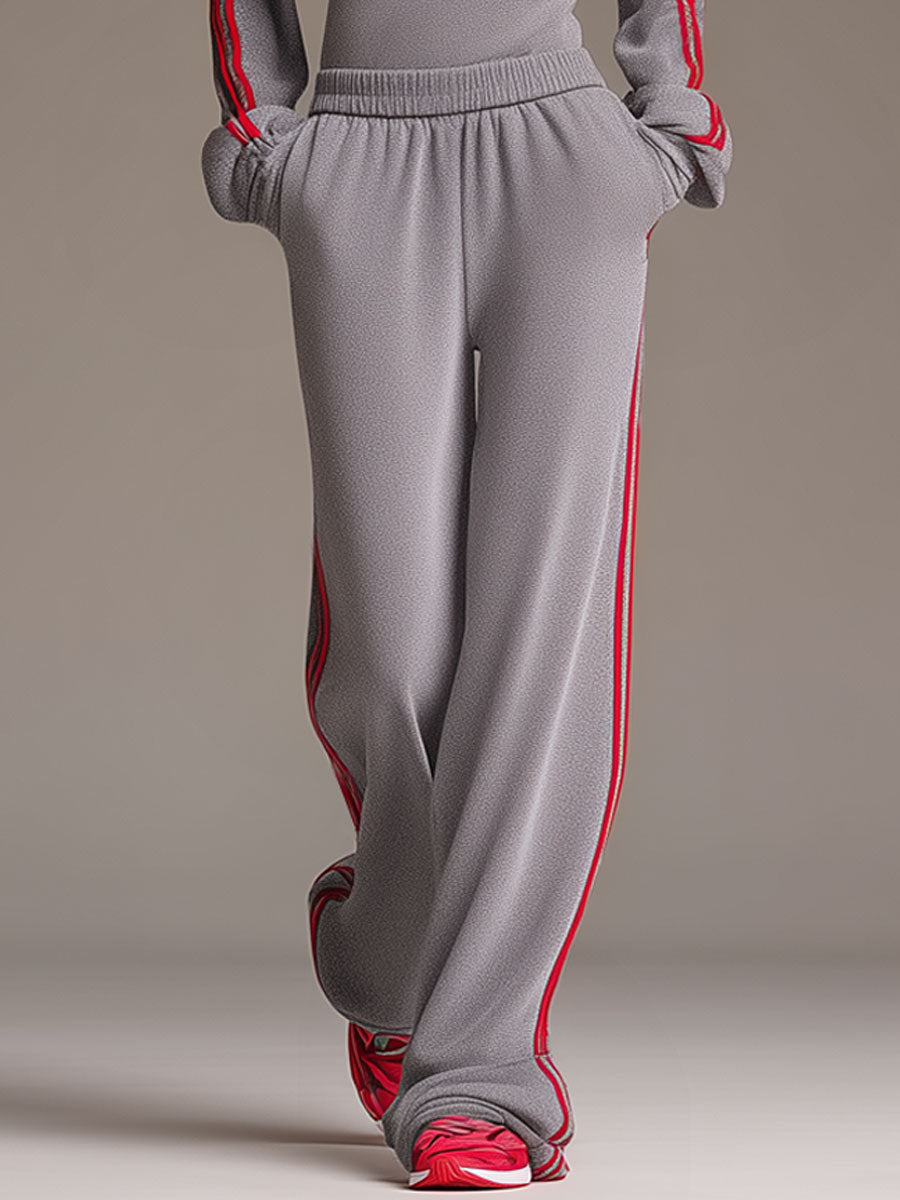 Casual Sporty Retro Red Ribbon Half-Zip Sweatshirt And Wide-Leg Pants Set