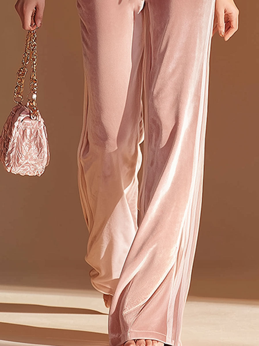 Sporty Retro-style Pink Hooded Zip-up Velvet Top And Pants Set