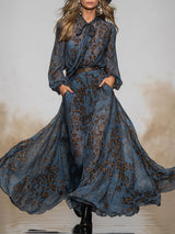 Fashionable Retro Long-sleeved Leopard Print Dark Blue Chiffon Maxi Dress