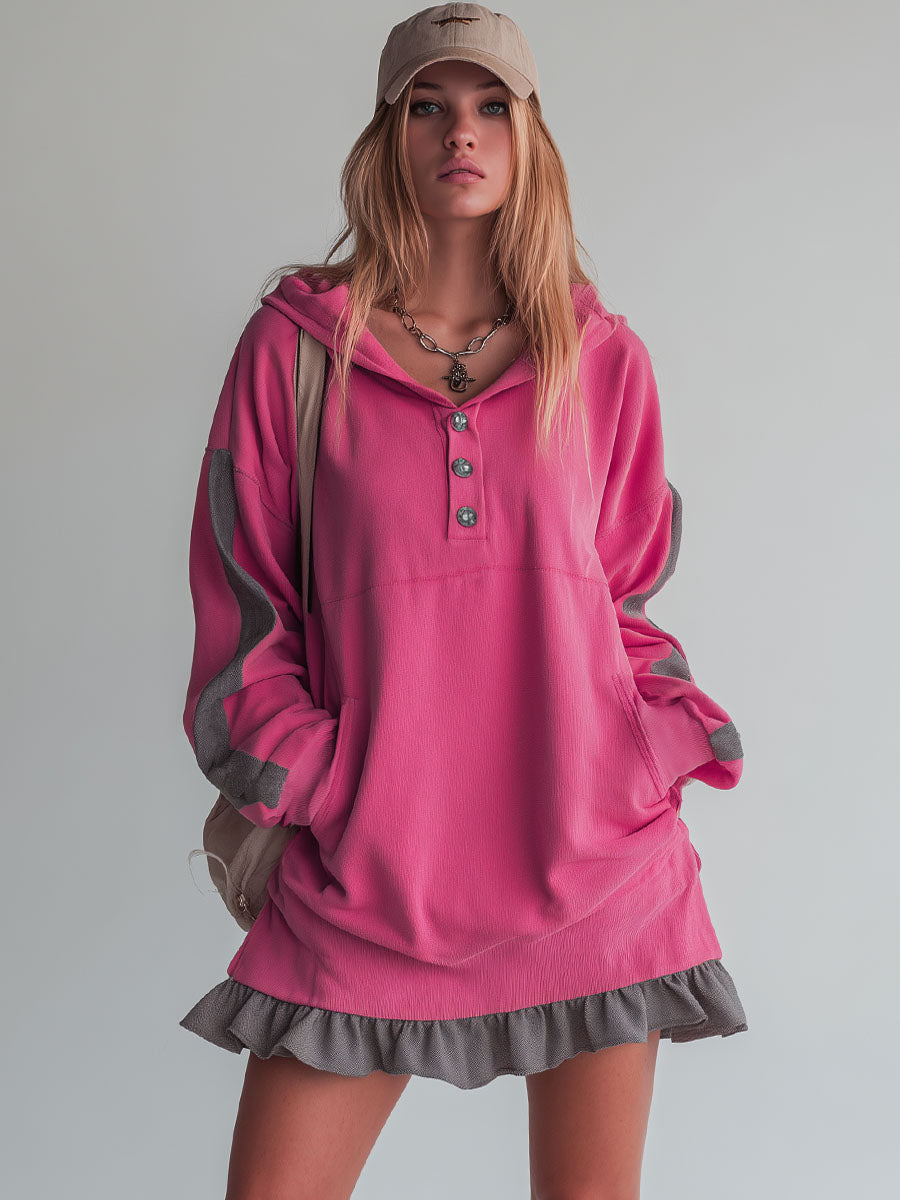 Sporty Color-blocked Ruffled Half-zip Hooded Long-sleeved Mini Dress