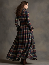 Plaid Lapel Maxi Dress in Reddish Brown