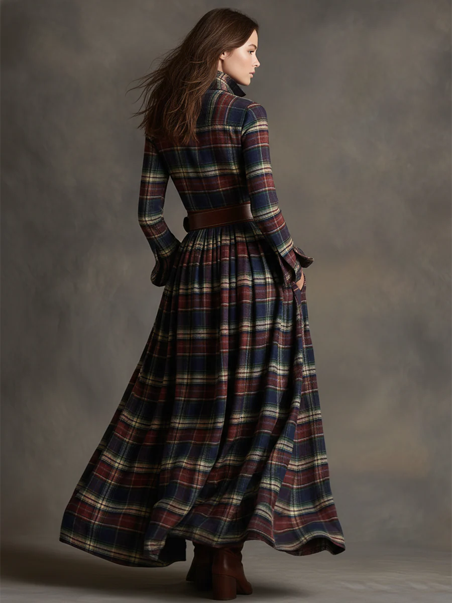 Plaid Lapel Maxi Dress in Reddish Brown