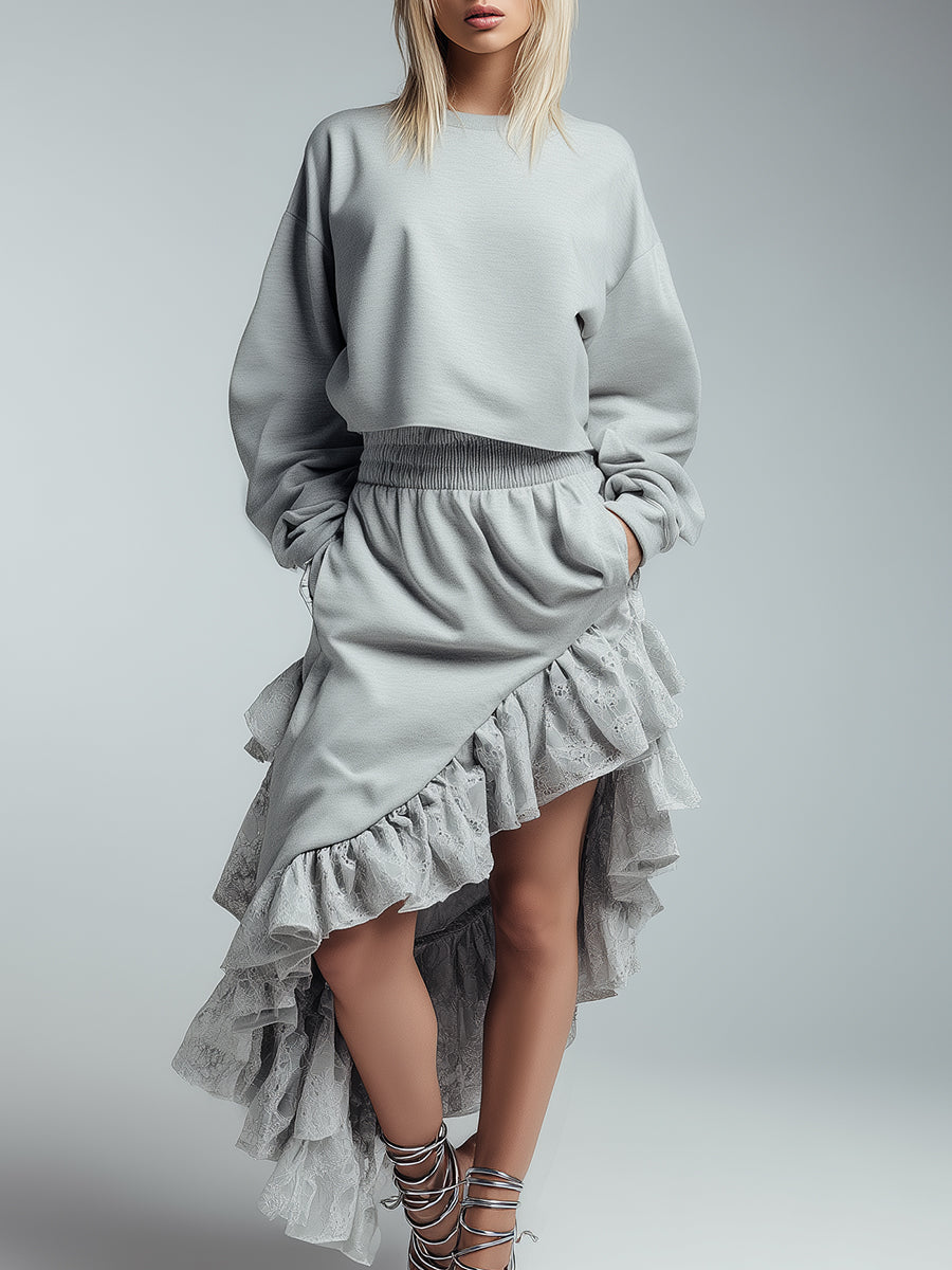 Casual And Stylish Loose-fitting Light Gray Sweatshirt With Ruffled Trim And Irregular Skirt Set