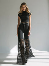 Elegant And Sophisticated Black Cotton Patchwork Lace Wide-leg Pants