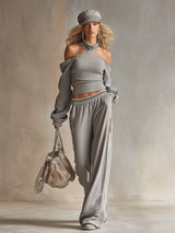 Trendy Retro Sporty Gray Off-shoulder Sweatshirt And Wide-leg Pants Set