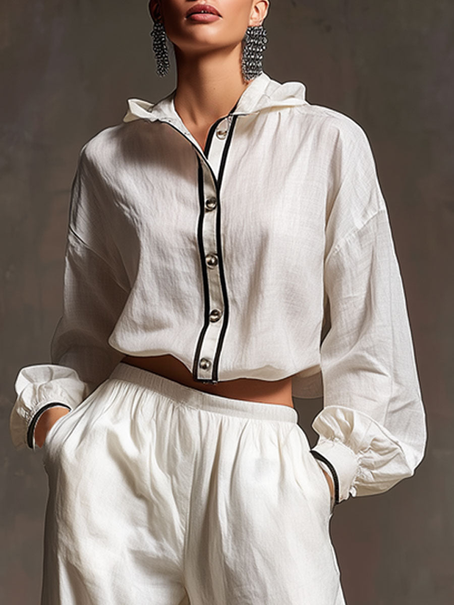 Casual Retro White Cotton And Linen Hooded Drawstring Top And Wide-leg Pants Set
