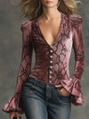 Vintage Pink Velvet Crocodile Print V-Neck Flared Long-Sleeved Shirt