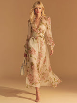 Elegant And Flowing V-neck Red Printed White Chiffon Midi Dress