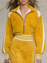 Elegant Edgy Urban-style Lapel Faux Suede Shirt And Skirt Set