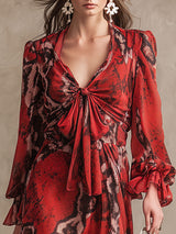 Fashionable Retro Resort Snakeskin Red Chiffon Long-sleeved Maxi Dress