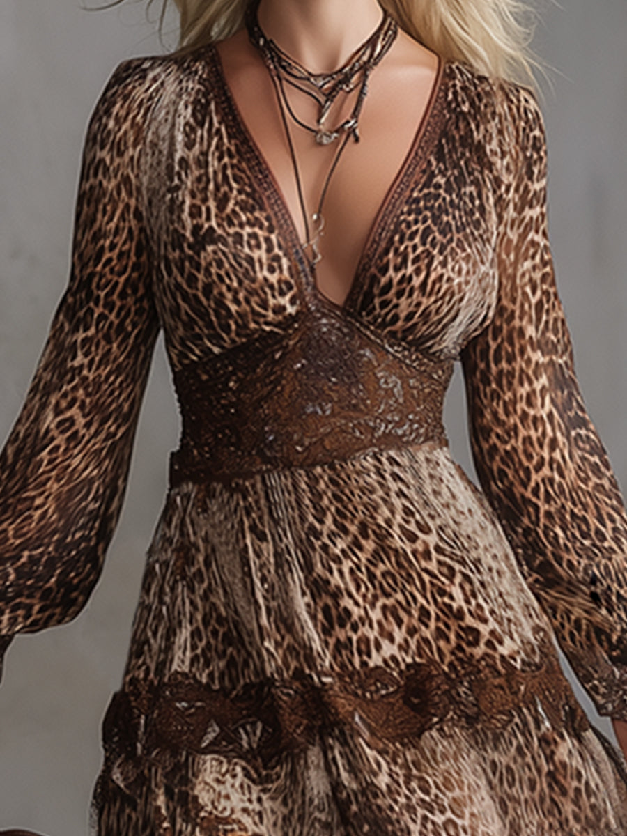 Elegant And Wild Leopard Print Lace-trimmed Maxi Dress