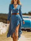 Western-style Retro Blue Faux Suede Long-sleeved Ruffle Midi Dress