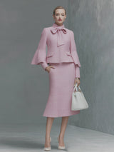 Elegant Neckline Bow Tie Trumpet Sleeve Jacket Skirt Tweed Set