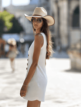 【24-hour shipping out】Comfortable And Fashionable White Cotton And Linen V-neck Button Sleeveless Mini Dress