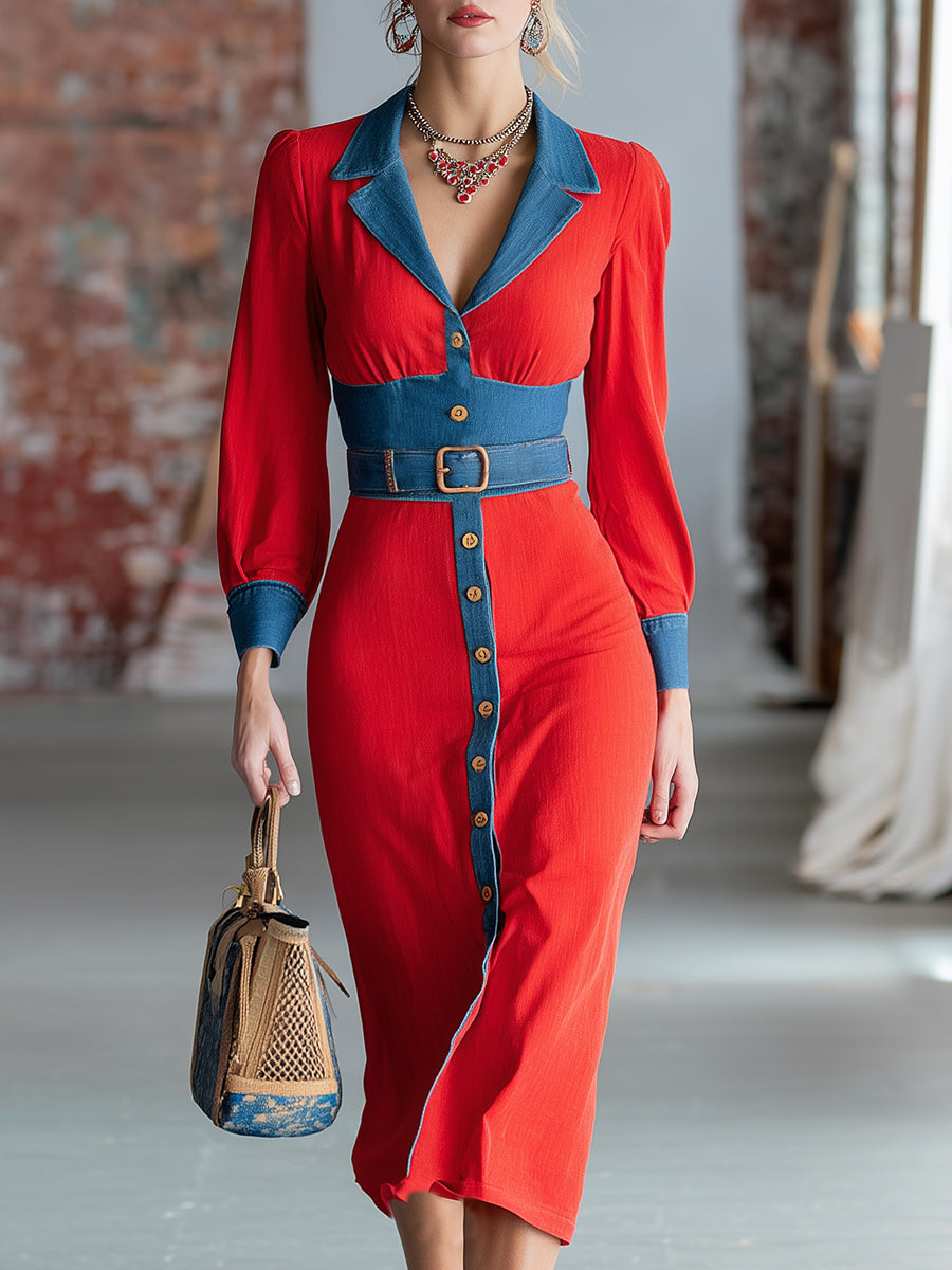 Casual Western Red Patchwork Denim Midi Dress