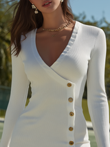 Retro Sporty Style V-neck Button-up Asymmetrical Placket Mini Knit Dress