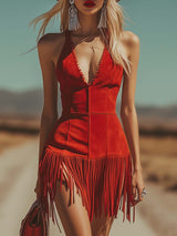 【24-hour shipping out】Elegant And Fashionable Western V-Neck Red Suede Tassel Mini Dress
