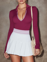 Sporty Retro Long-Sleeved Purple-Red Lycra Top And Pleated Skirt Set