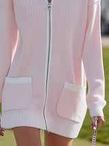 Elegant And Stylish White Trim Pink Ribbed Mini Dress