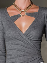 Elegant Grey Knit High-elastic Patchwork With Gold TrimTop