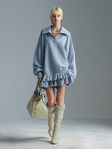 Stylish And Sporty Double-layered Ruffle Light Blue Sweatshirt Mini Dress