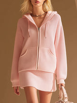 Casual Sporty Pink Hooded Zip-up Waffle-knit Top And Skirt Set