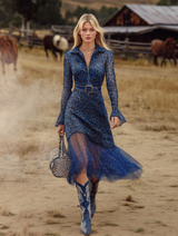 Western-style Blue Leopard Print ChiffonWith A Half-zip Closure Midi Dress