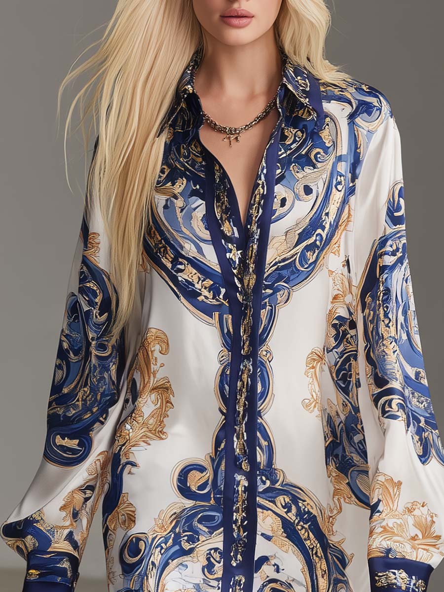 Elegant Vintage Versatile Fashion Navy Trimmed Baroque-style Printed White Satin Shirt Dress.