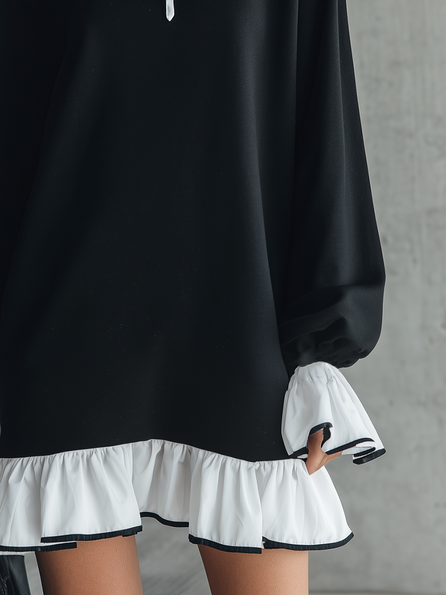 Stylish And Sporty Color-blocked Ruffled Collar And Hem Black Mini Dress