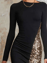 Elegant And Sparkling Sequined Black Stretch Cotton Party Maxi Dress