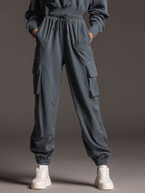 Sporty Retro Gray-Blue Cotton Long-Sleeved Half-Zip Sweatshirt And Cargo Pants Set