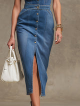 Retro Blue Denim Cardigan Style Long-sleeved Midi Dress