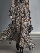 Leopard Print Lace V-Neck Chiffon Maxi Dress