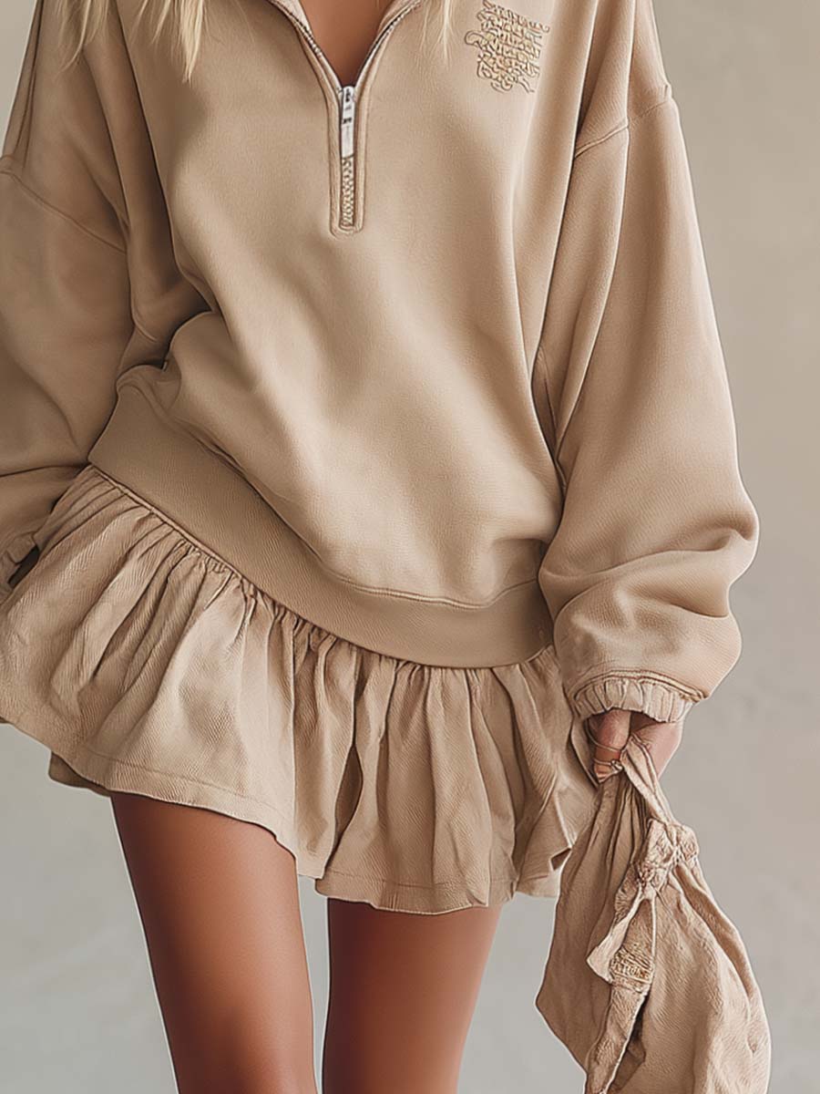 Elegant Retro Sporty Lapel Front-zip Bubble Hem Beige Washed Cotton Mini Dress