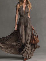 Greyish-Brown Satin V-Neck Pleated Maxi Dress