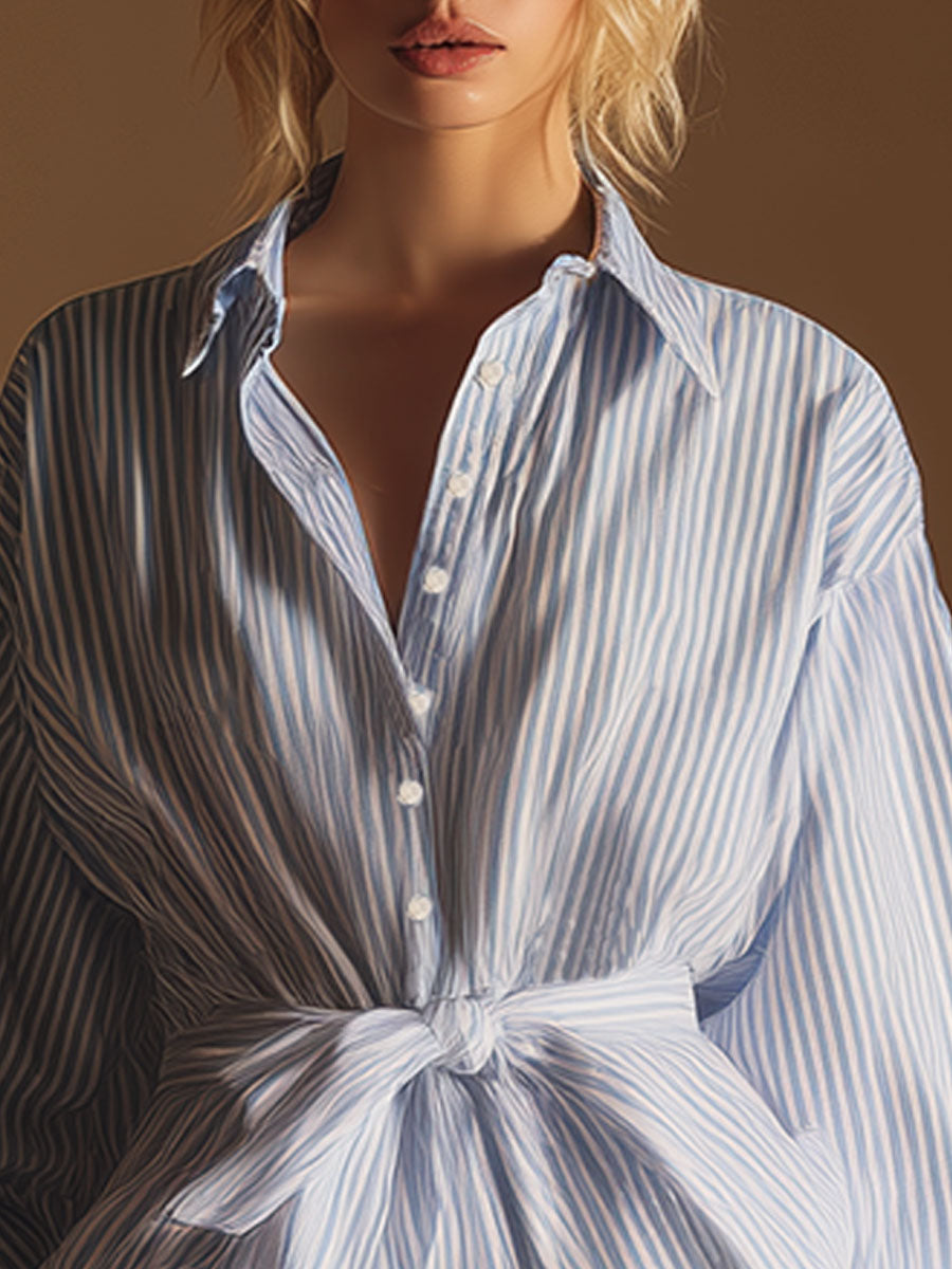 Stylish Urban-style Blue Striped Lapel Jumpsuit