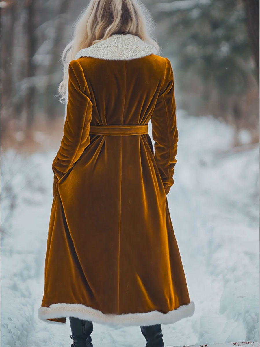 Loose Vintage Velvet Wool Splicing Single Breasted Pocket Long Coat