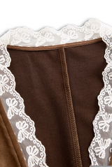 Romantic Western Style Lace Sleeves Brown Suede Shirt