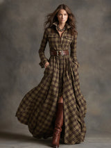 Plaid Lapel Maxi Dress in Reddish Brown