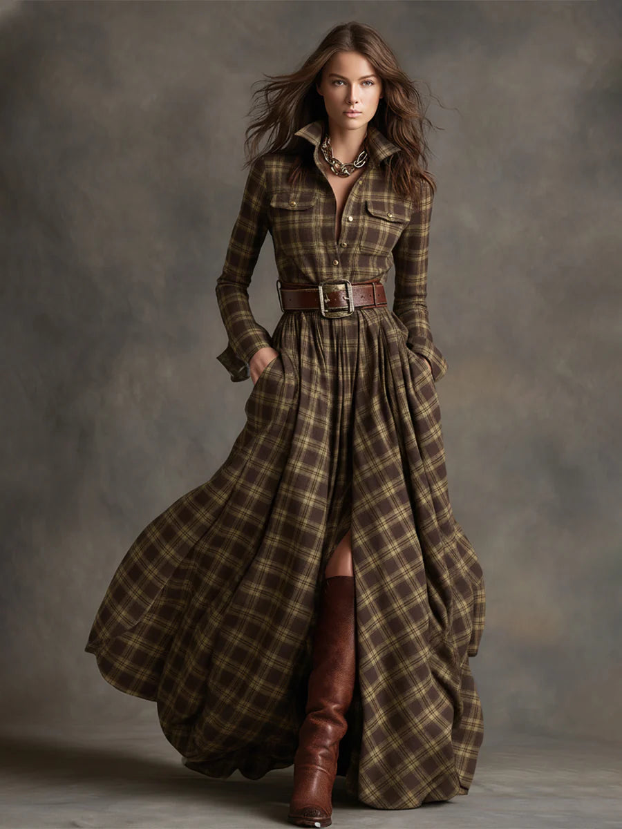 Plaid Lapel Maxi Dress in Reddish Brown