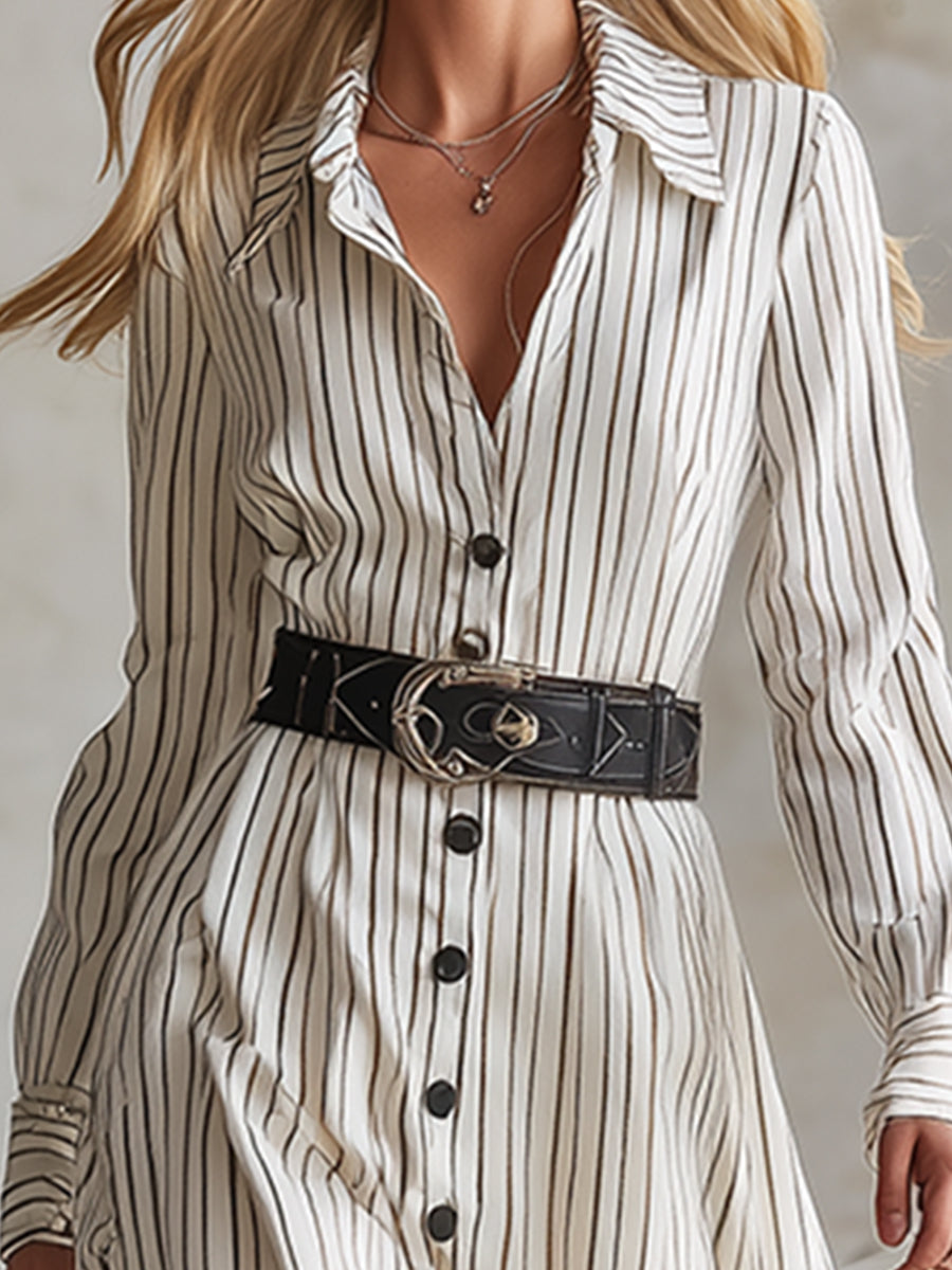 Elegant Vintage White Striped Lapel Maxi Dress