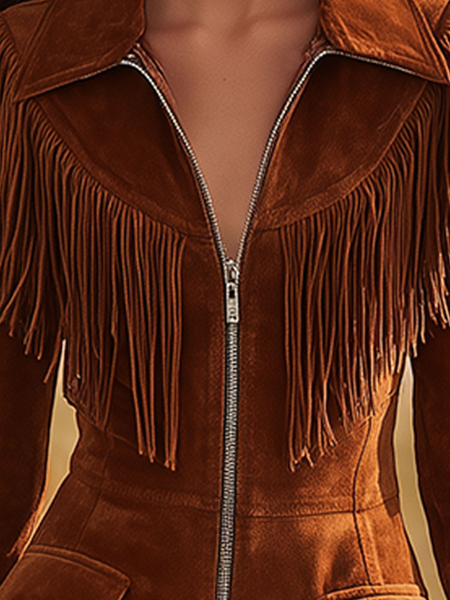 Retro Western Style Fringed Brown Long-sleeved Faux Suede Jumpsuit
