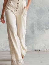 Stylish Urban Off-white Striped Patchwork Cotton Short-sleeved Jumpsuit