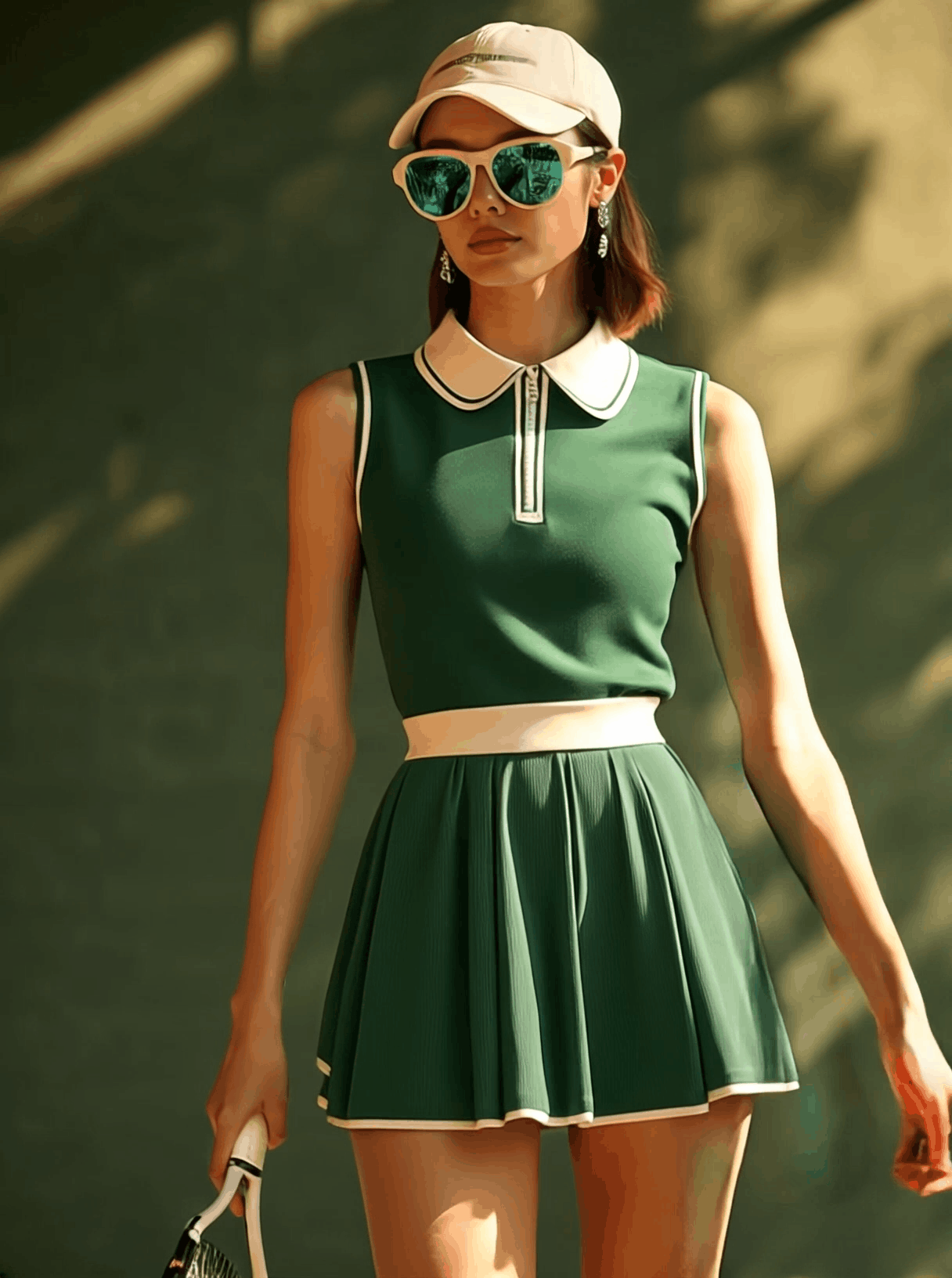 【24-hour shipping out】Casual Fashion Polo Neck White Trim Green Sleeveless Mini Dress