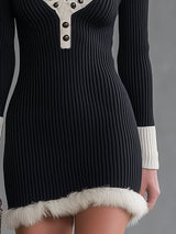 Black Knitted Mini Dress With White U-neck Studded Fur Trim