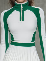 Athletic-style White And Green Pleated Mini Dress
