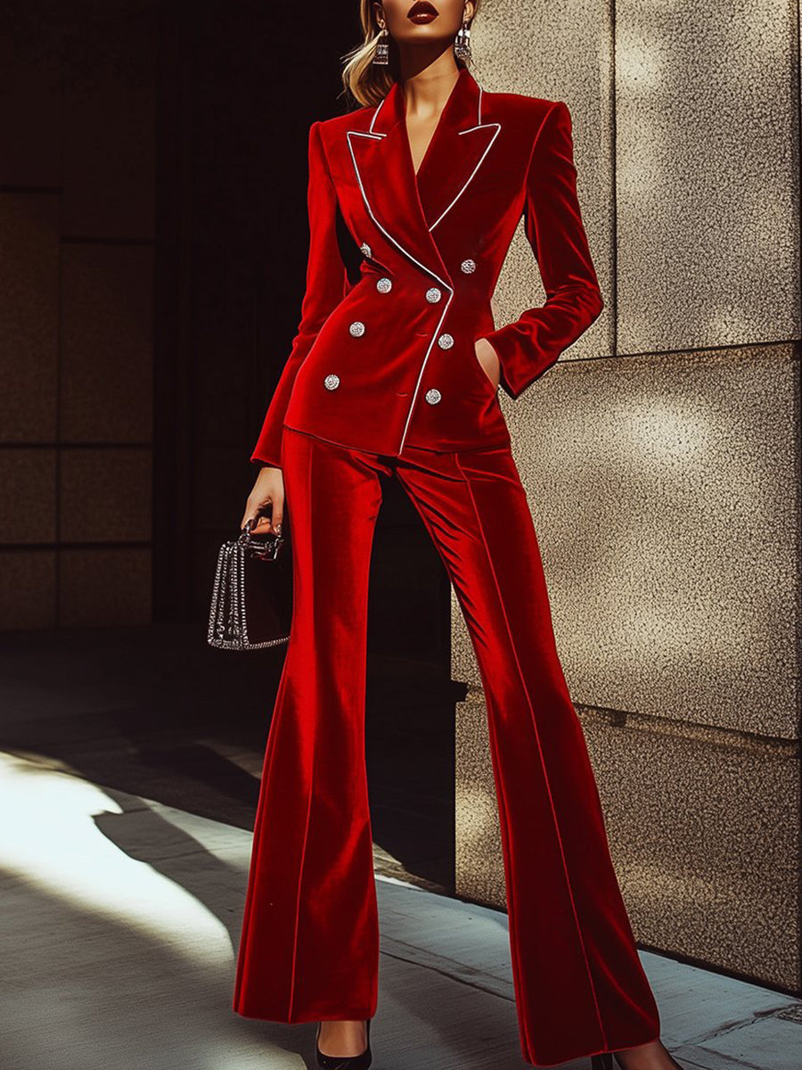 【24-hour shipping】High-End Fashion Red Velvet Suit With Silver Trim