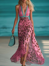 【24-hour shipping out】Retro Fashion Contrast Color V-Neck Leopard Print Pink Chiffon Slit Maxi Dress