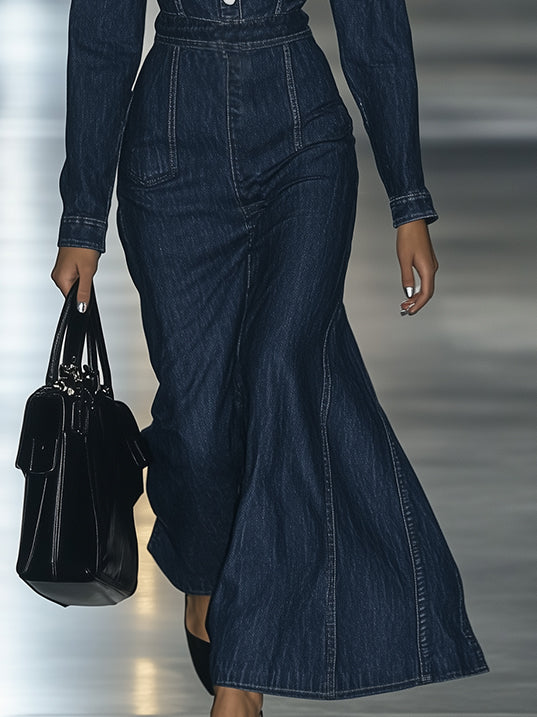 【24-hour shipping out】Casual Slim Fit Vintage Lace-up Long Sleeve Denim Maxi Dress